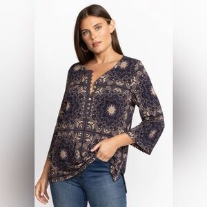 JOHNNY WAS Runa Button Front Henley Tee Boho Sun Moon Celestial Size Small VGUC